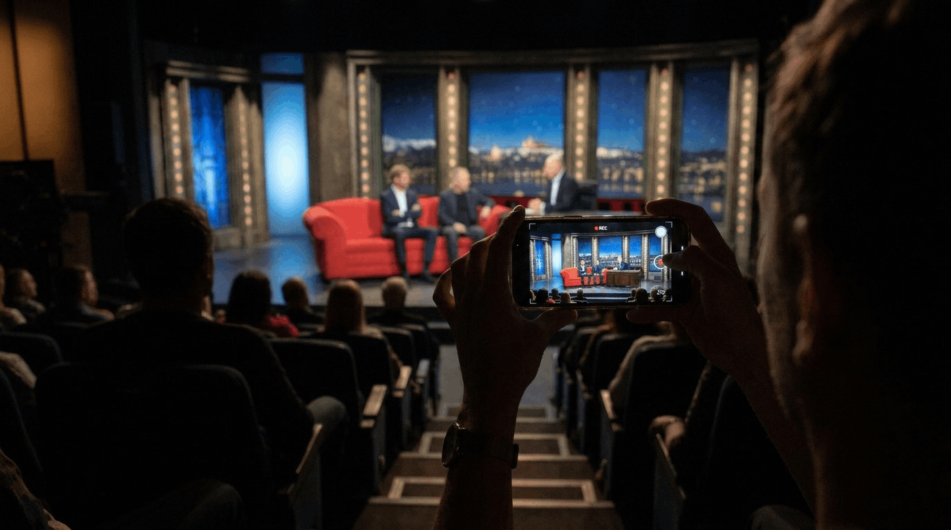 Divák v hledišti zaznamenává na telefon připravenou studiovou scénu